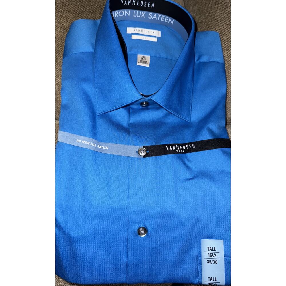 NWT VAN HEUSEN No Iron Lux Sateen 16.5 35/36 Tall Blue Hawaii Point Collar